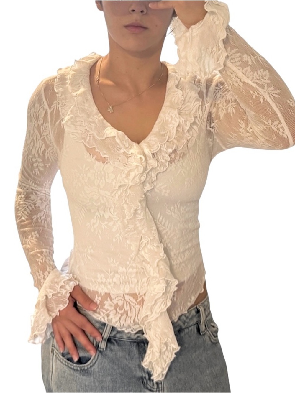 Vintage Y2K Newport News White Lace Ruffle Blouse Top Size S